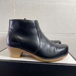 Dansko Maria Black Leather Ankle Boots Block Heel Zip Women's 40 EU/9.5-10 US